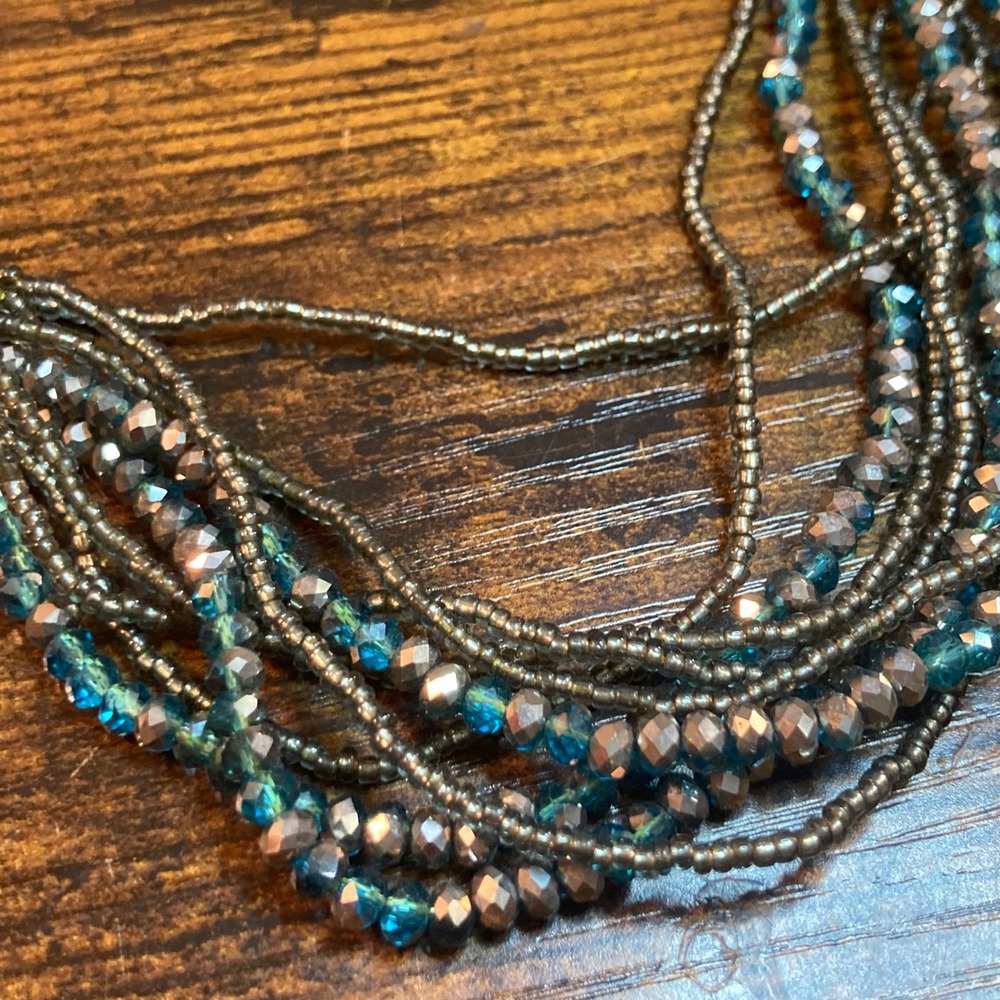 Multi Strand‎ Beaded Necklace Teal Blue Silver Crystal Magnetic Rhinestone Clasp